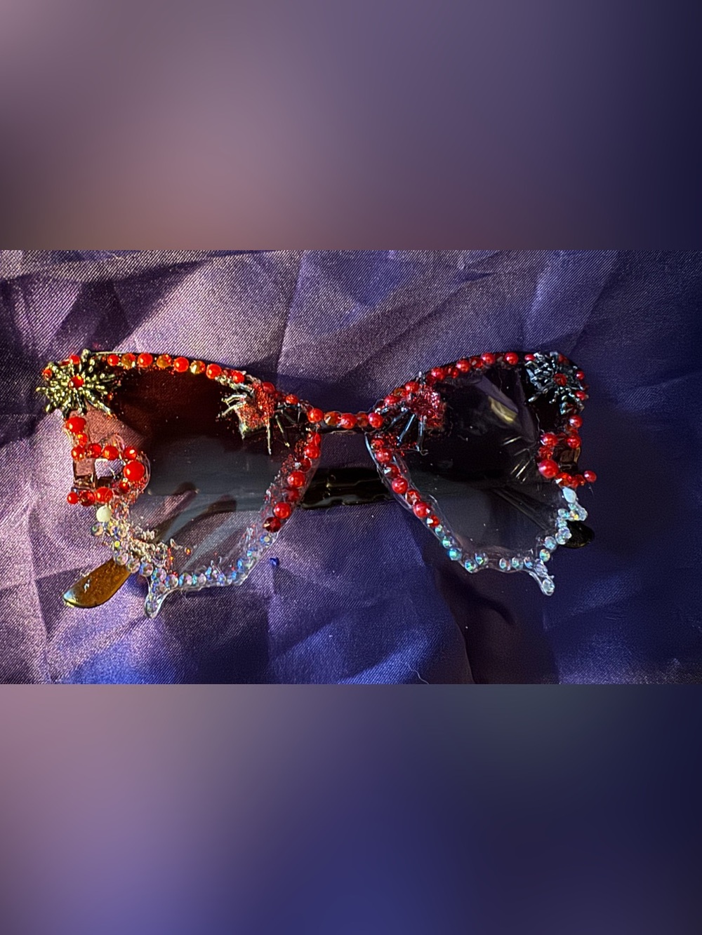 Embellished Black oversized butterfly Sunglasses with Red Beaded Trim